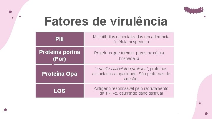 Fatores de virulência Pili Proteína porina (Por) Microfibrilas especializadas em aderência à célula hospedeira