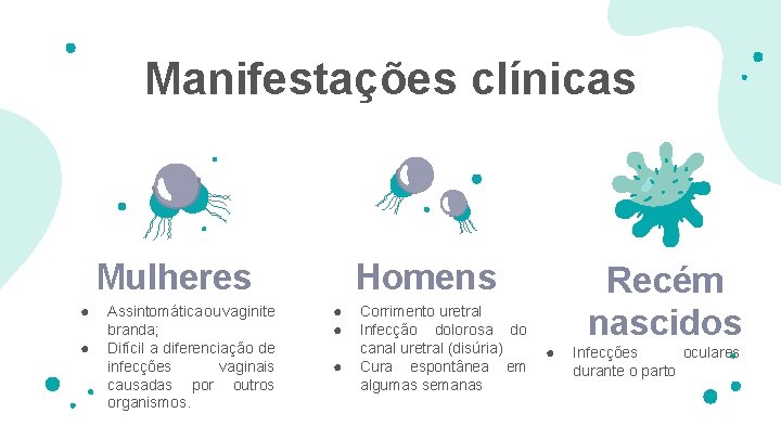 Manifestações clínicas Mulheres ● ● Assintomática ou vaginite branda; Difícil a diferenciação de infecções