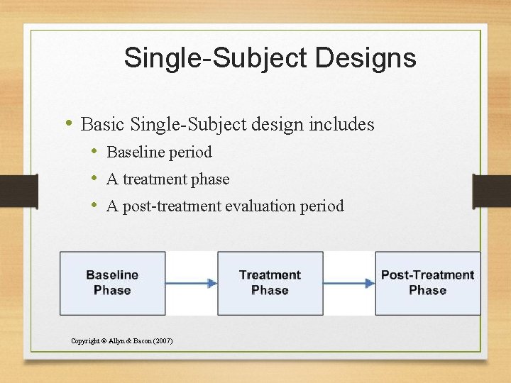 Single-Subject Designs • Basic Single-Subject design includes • Baseline period • A treatment phase