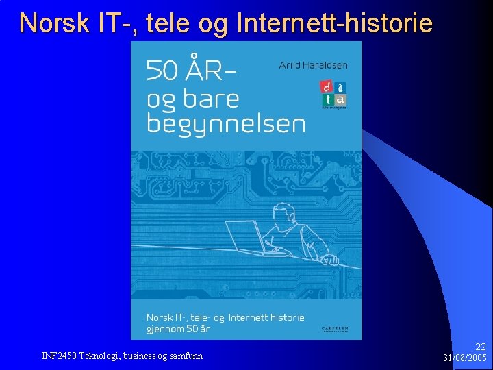 Norsk IT-, tele og Internett-historie INF 2450 Teknologi, business og samfunn 22 31/08/2005 Norsk IT-, tele og Internett-historie INF 2450 Teknologi, business og samfunn 22 31/08/2005