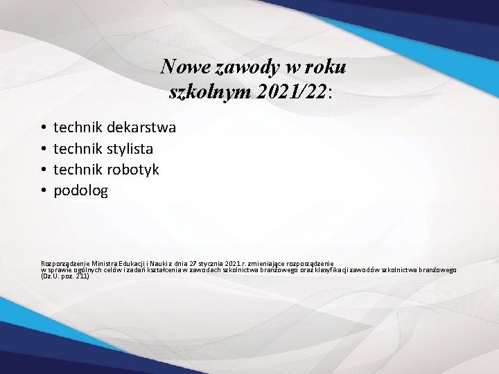 Nowe zawody w roku szkolnym 2021/22: • • technik dekarstwa technik stylista technik robotyk