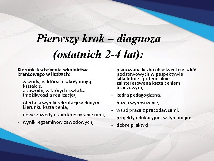 Pierwszy krok – diagnoza (ostatnich 2 -4 lat): Kierunki kształcenia szkolnictwa branżowego w liczbach: