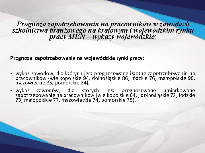 Prognoza zapotrzebowania na pracowników w zawodach szkolnictwa branżowego na krajowym i wojewódzkim rynku pracy