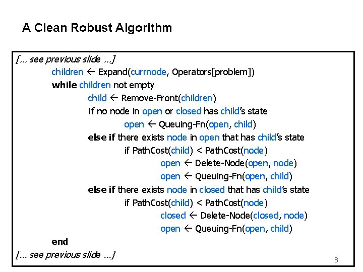 A Clean Robust Algorithm [… see previous slide …] children Expand(currnode, Operators[problem]) while children