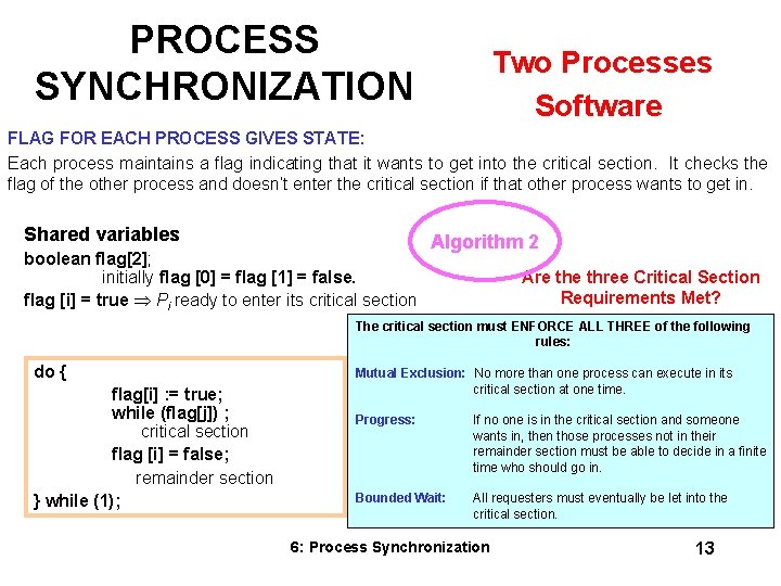 PROCESS SYNCHRONIZATION Two Processes Software FLAG FOR EACH PROCESS GIVES STATE: Each process maintains