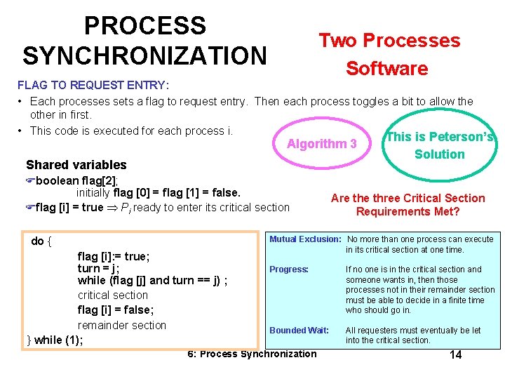 PROCESS SYNCHRONIZATION Two Processes Software FLAG TO REQUEST ENTRY: • Each processes sets a