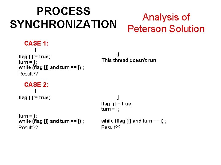 PROCESS Analysis of SYNCHRONIZATION Peterson Solution CASE 1: i flag [i]: = true; turn