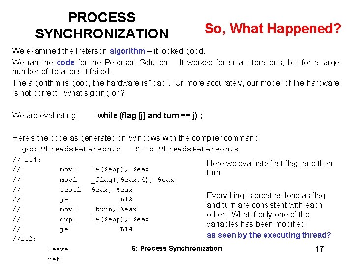 PROCESS SYNCHRONIZATION So, What Happened? We examined the Peterson algorithm – it looked good.