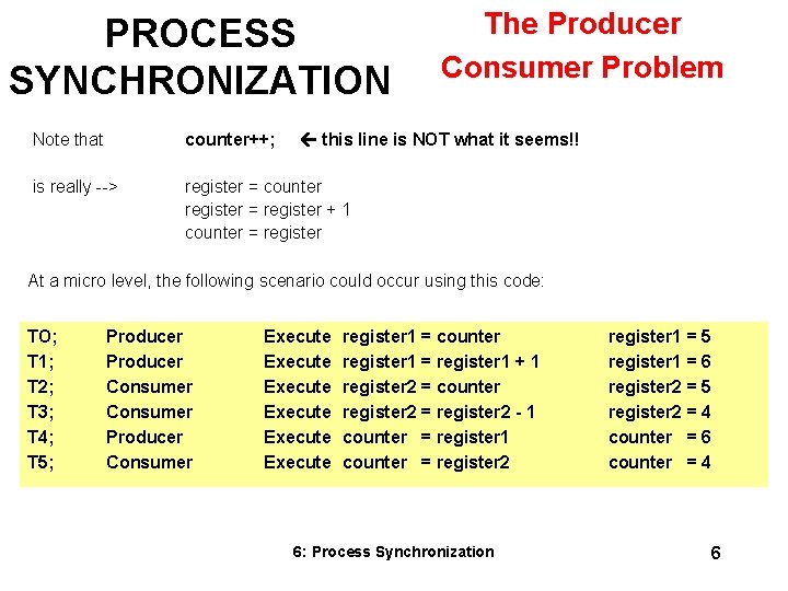 PROCESS SYNCHRONIZATION Note that counter++; is really --> register = counter register = register
