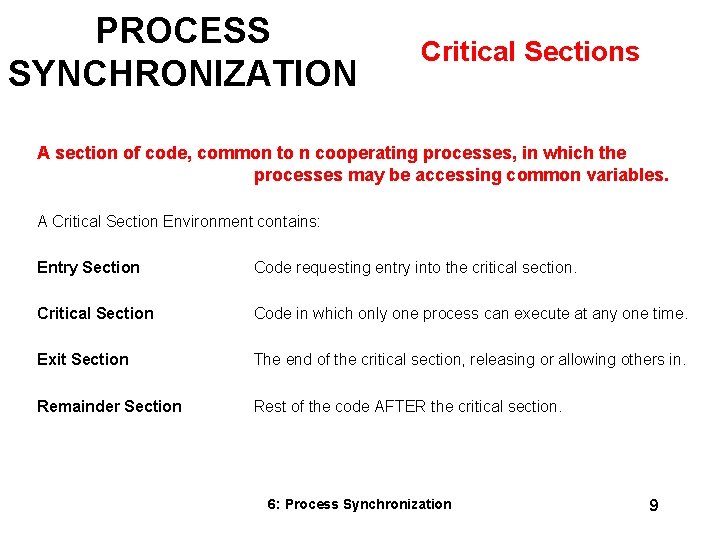 PROCESS SYNCHRONIZATION Critical Sections A section of code, common to n cooperating processes, in