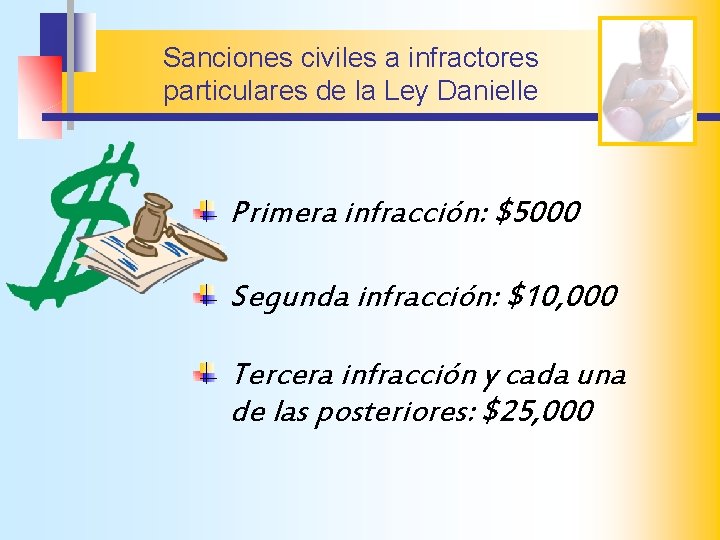 Sanciones civiles a infractores particulares de la Ley Danielle Primera infracción: $5000 Segunda infracción:
