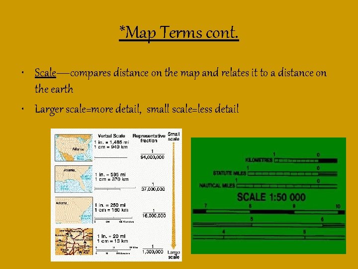 *Map Terms cont. • Scale—compares distance on the map and relates it to a
