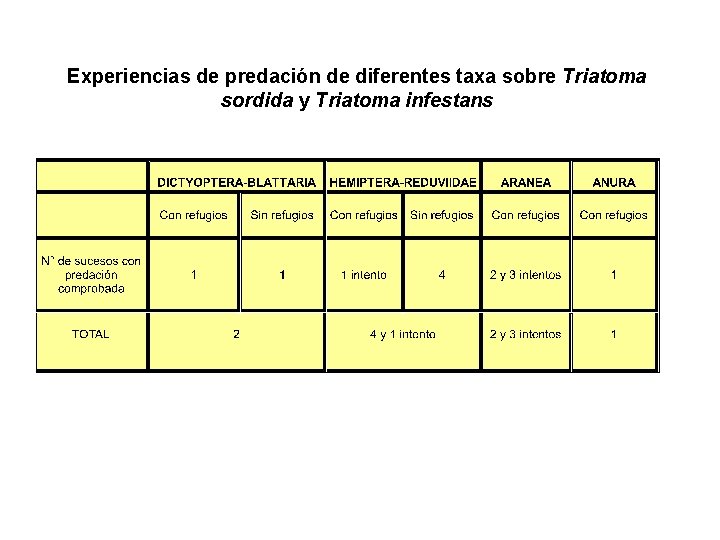 Experiencias de predación de diferentes taxa sobre Triatoma sordida y Triatoma infestans 