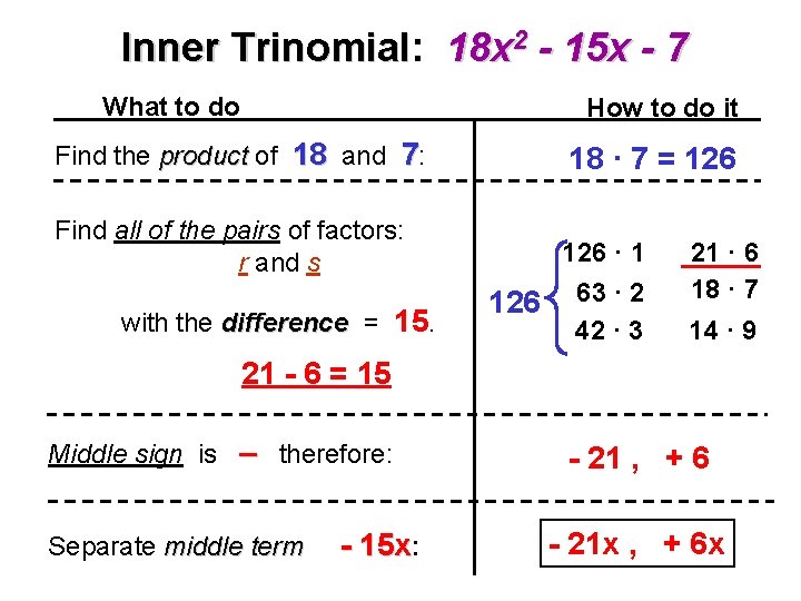 2 - 15 x - 7 Inner Trinomial: 18 x Trinomial What to do