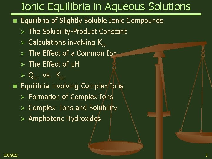 Ionic Equilibria in Aqueous Solutions n n 1/30/2022 Equilibria of Slightly Soluble Ionic Compounds