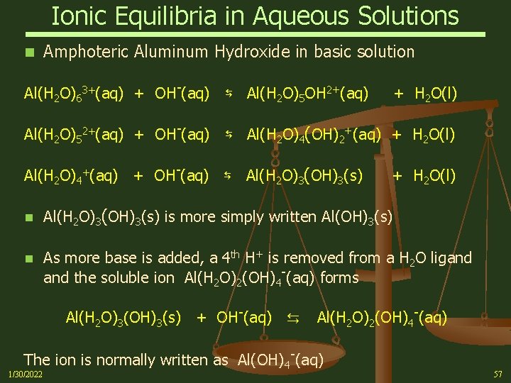 Ionic Equilibria in Aqueous Solutions n Amphoteric Aluminum Hydroxide in basic solution Al(H 2