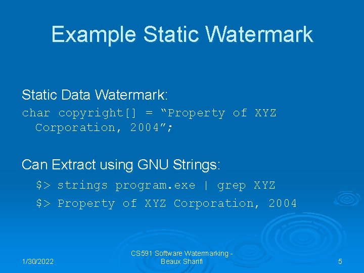 Example Static Watermark Static Data Watermark: char copyright[] = “Property of XYZ Corporation, 2004”;
