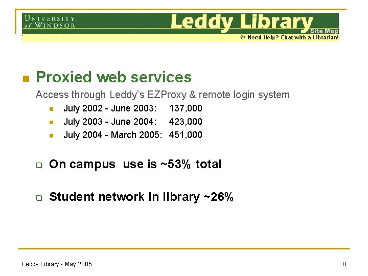 n Proxied web services Access through Leddy’s EZProxy & remote login system n n