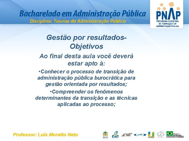 Disciplina: Teorias da Administração Pública Gestão por resultados. Objetivos Ao final desta aula você