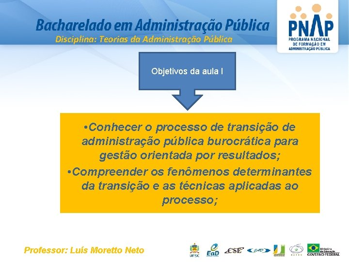 Disciplina: Teorias da Administração Pública Objetivos da aula I • Conhecer o processo de