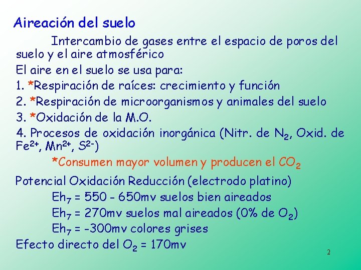 Aireación del suelo Intercambio de gases entre el espacio de poros del suelo y