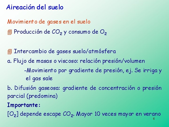 Aireación del suelo Movimiento de gases en el suelo 4 Producción de CO 2