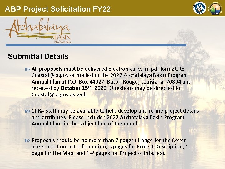ABP Project Solicitation FY 22 Submittal Details All proposals must be delivered electronically, in.