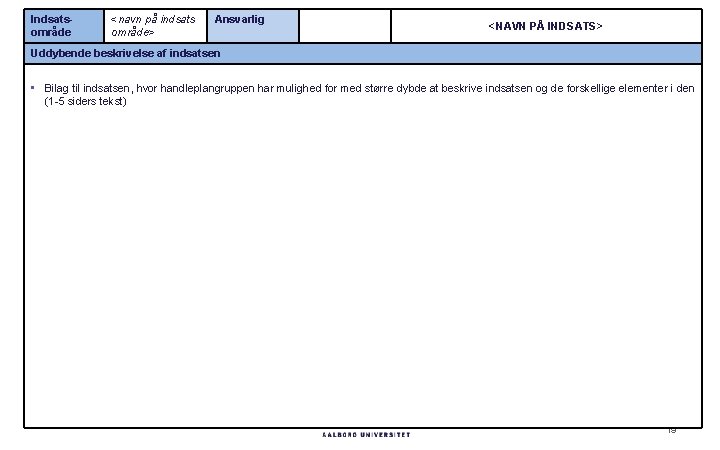 Indsatsområde <navn på indsats område> Ansvarlig <NAVN PÅ INDSATS> Uddybende beskrivelse af indsatsen •