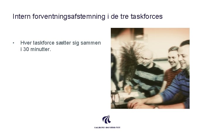 Intern forventningsafstemning i de tre taskforces • Hver taskforce sætter sig sammen i 30