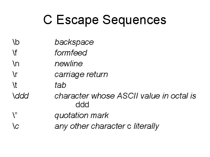 C Escape Sequences b f n r t ddd ” c backspace formfeed newline