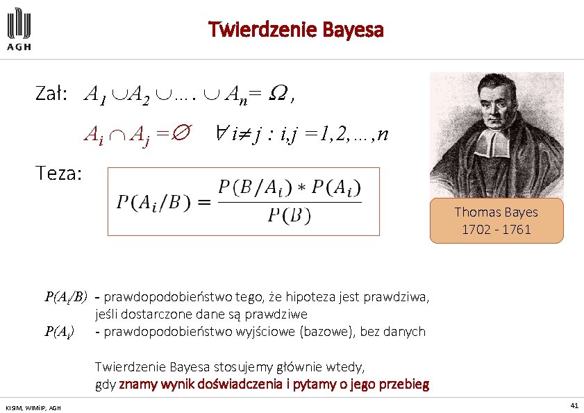 Twierdzenie Bayesa Zał: A 1 A 2 …. An= , Ai Aj = i