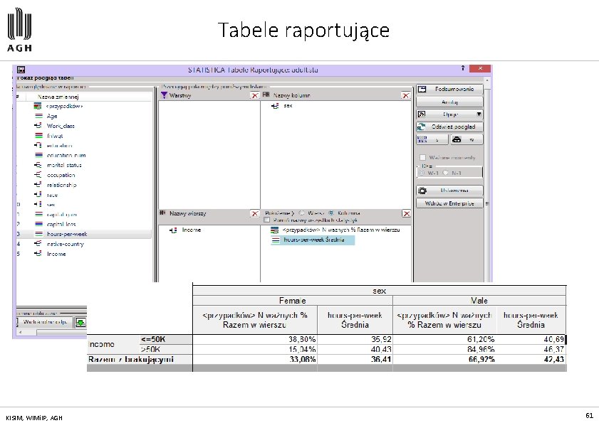 Tabele raportujące KISIM, WIMi. IP, AGH 61 