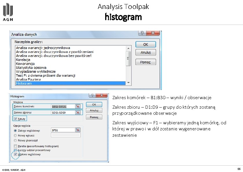 Analysis Toolpak histogram Zakres komórek – B 1: B 30 – wyniki / obserwacje