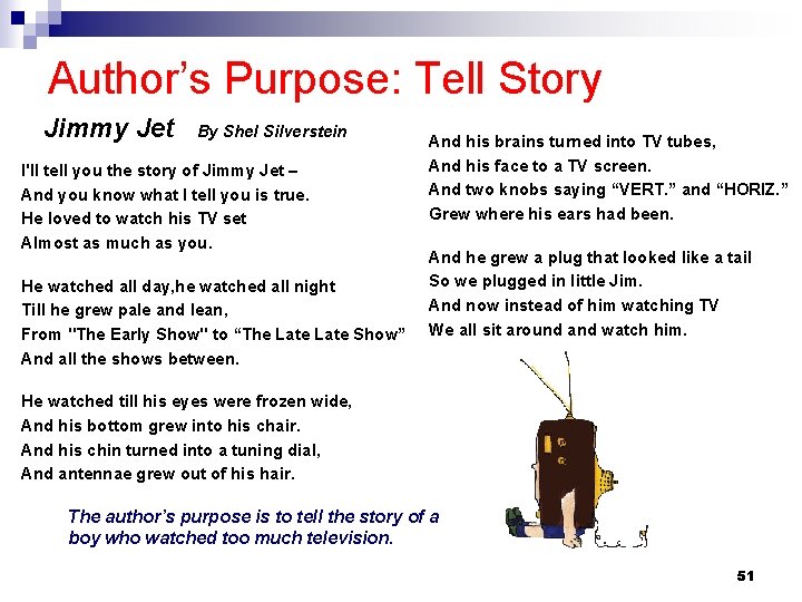 Author’s Purpose: Tell Story Jimmy Jet By Shel Silverstein I'll tell you the story