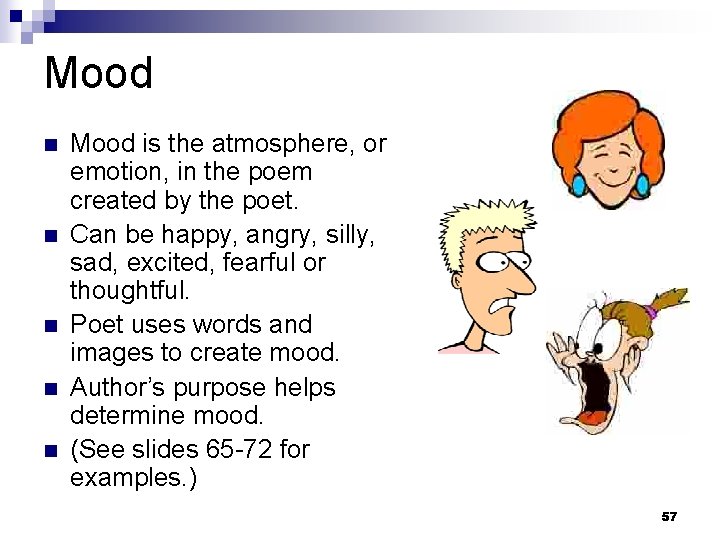 Mood n n n Mood is the atmosphere, or emotion, in the poem created