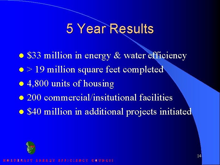 5 Year Results $33 million in energy & water efficiency l > 19 million