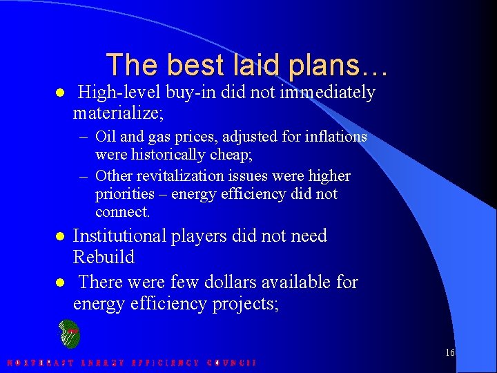 The best laid plans… l High-level buy-in did not immediately materialize; – Oil and