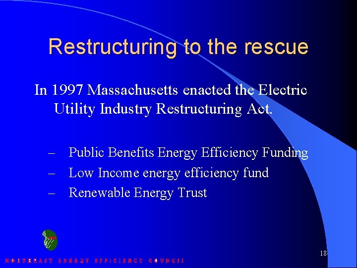 Restructuring to the rescue In 1997 Massachusetts enacted the Electric Utility Industry Restructuring Act.