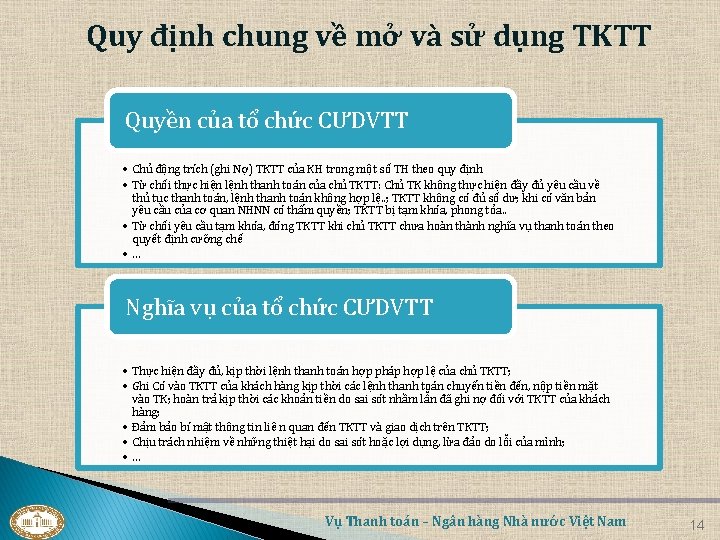 Quy định chung về mở và sử dụng TKTT Quyền của tổ chức CƯDVTT