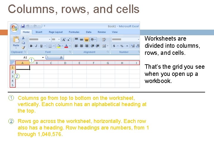 Columns, rows, and cells Worksheets are divided into columns, rows, and cells. That’s the