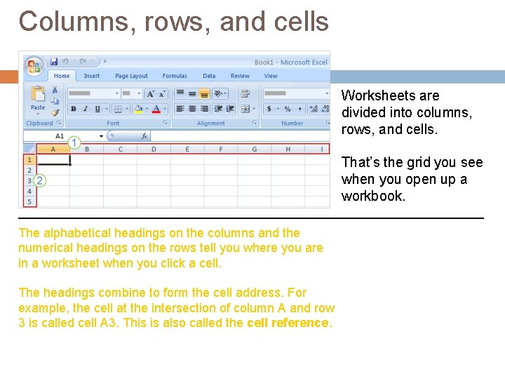 Columns, rows, and cells Worksheets are divided into columns, rows, and cells. That’s the