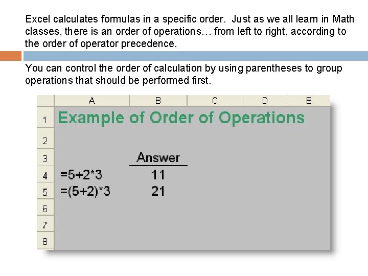 Excel calculates formulas in a specific order. Just as we all learn in Math