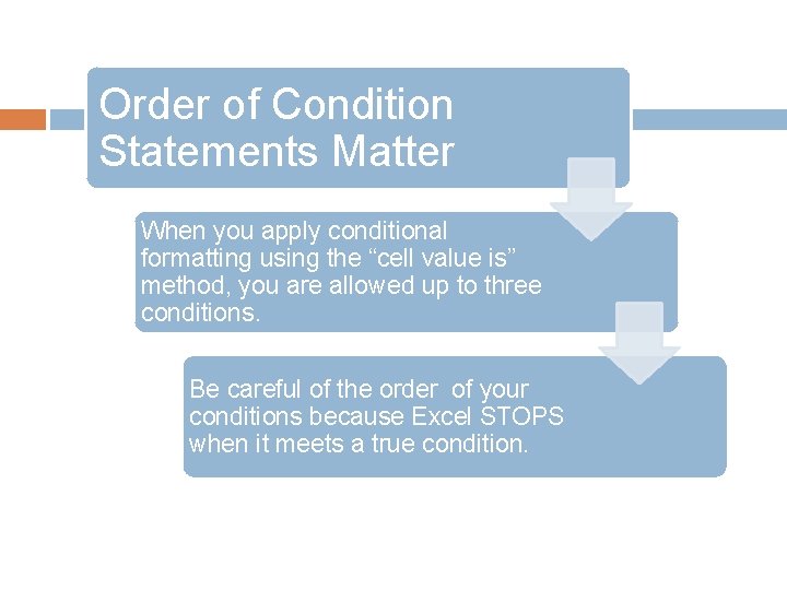 Order of Condition Statements Matter When you apply conditional formatting using the “cell value