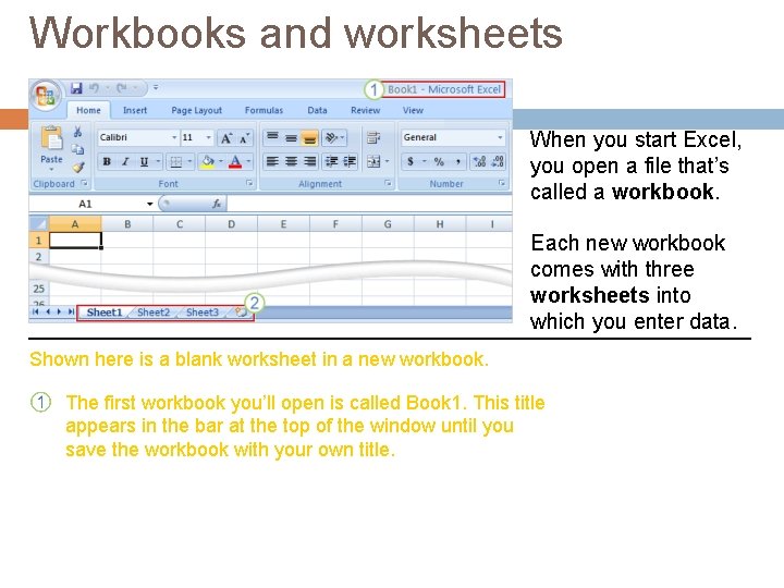 Workbooks and worksheets When you start Excel, you open a file that’s called a