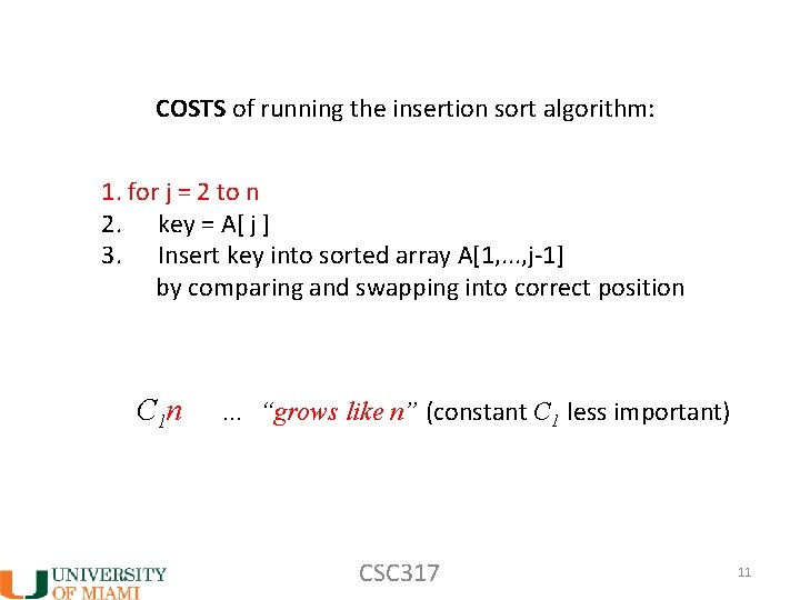 COSTS of running the insertion sort algorithm: 1. for j = 2 to n