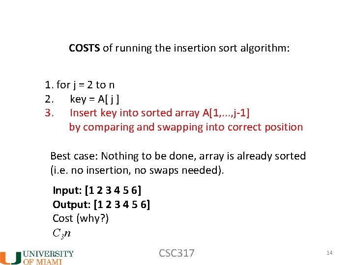 COSTS of running the insertion sort algorithm: 1. for j = 2 to n