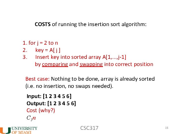 COSTS of running the insertion sort algorithm: 1. for j = 2 to n