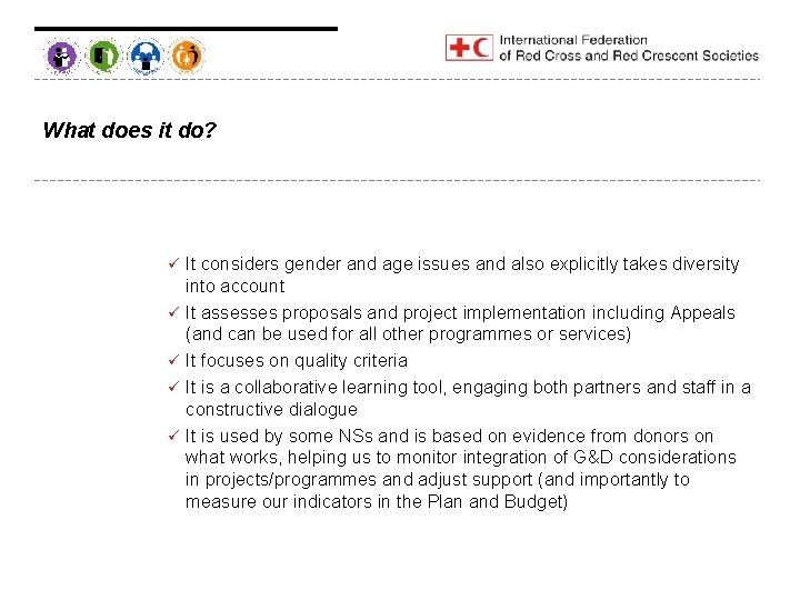 What does it do? ü ü ü It considers gender and age issues and