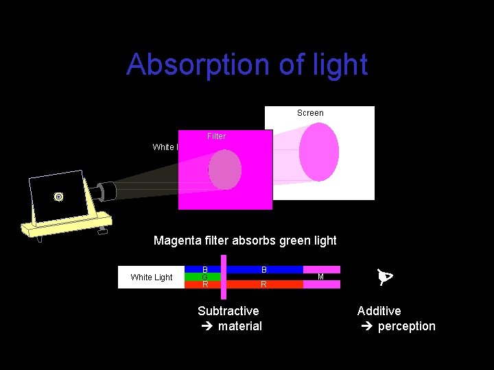 Absorption of light Screen Filter White Light Magenta filter absorbs green light White Light