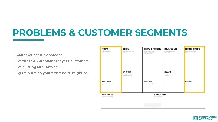 PROBLEMS & CUSTOMER SEGMENTS - Customer centric approach: - List the top 3 problems